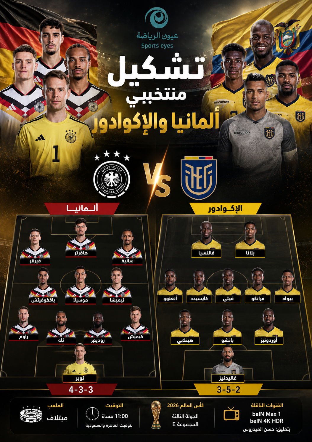 ألمانيا والإكوادور تعلنان التشكيل الرسمي لمواجهة الجولة الثالثة بكأس العالم 2026