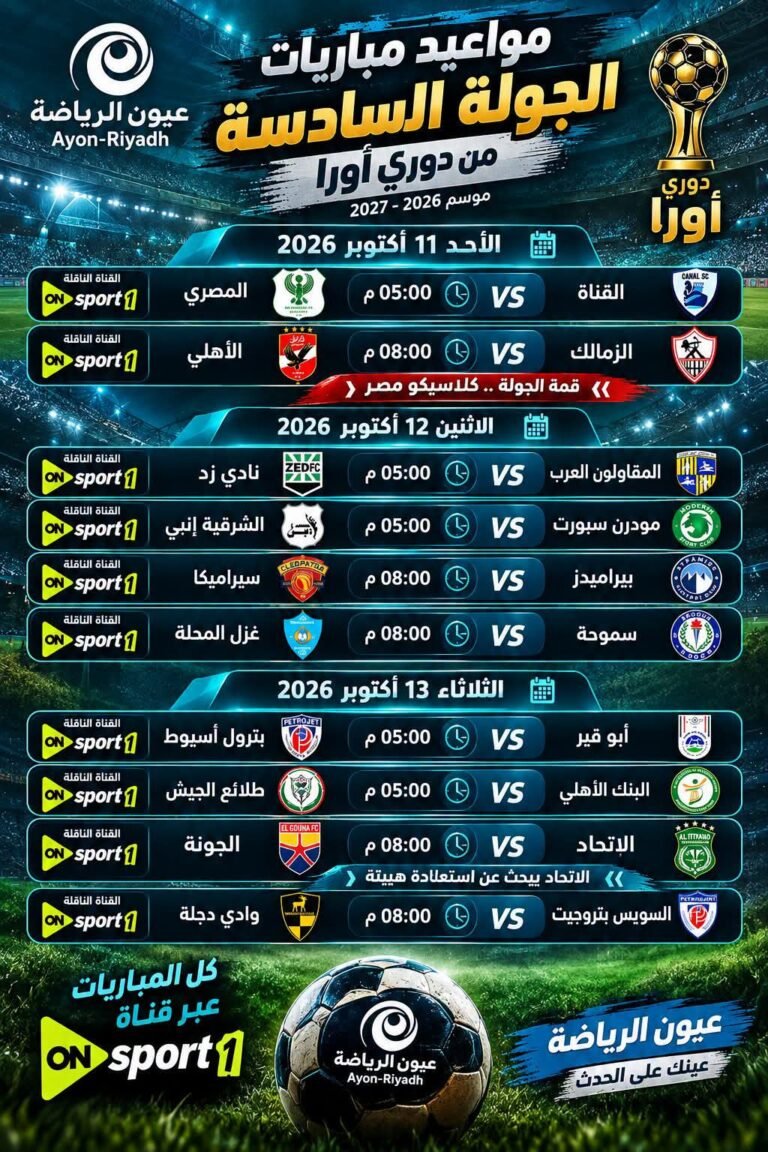 تعرف على مواعيد الجولة السادسة من دوري ORA والقنوات الناقلة.. قمة نارية بين الأهلي والزمالك والاتحاد يبحث عن استعادة هيبته أمام الجونة